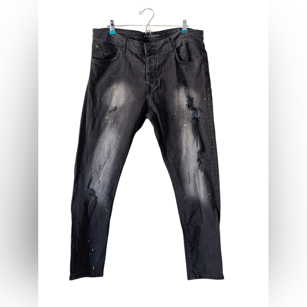 RON TOMSON JEANS 40 BLACK DISTRESSED GREEN SPLATTER MEN'S BUTCH trending